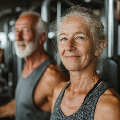 Група літніх людей займається фітнесом у залі
