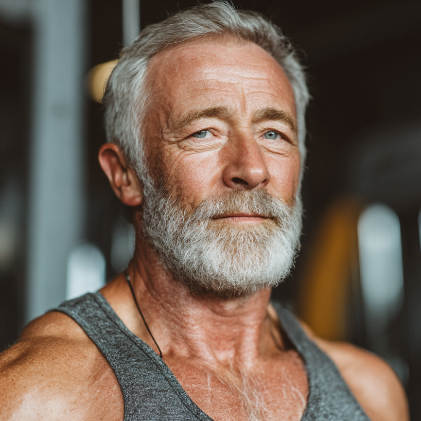 Активна літня жінка займається йогою на березі моря